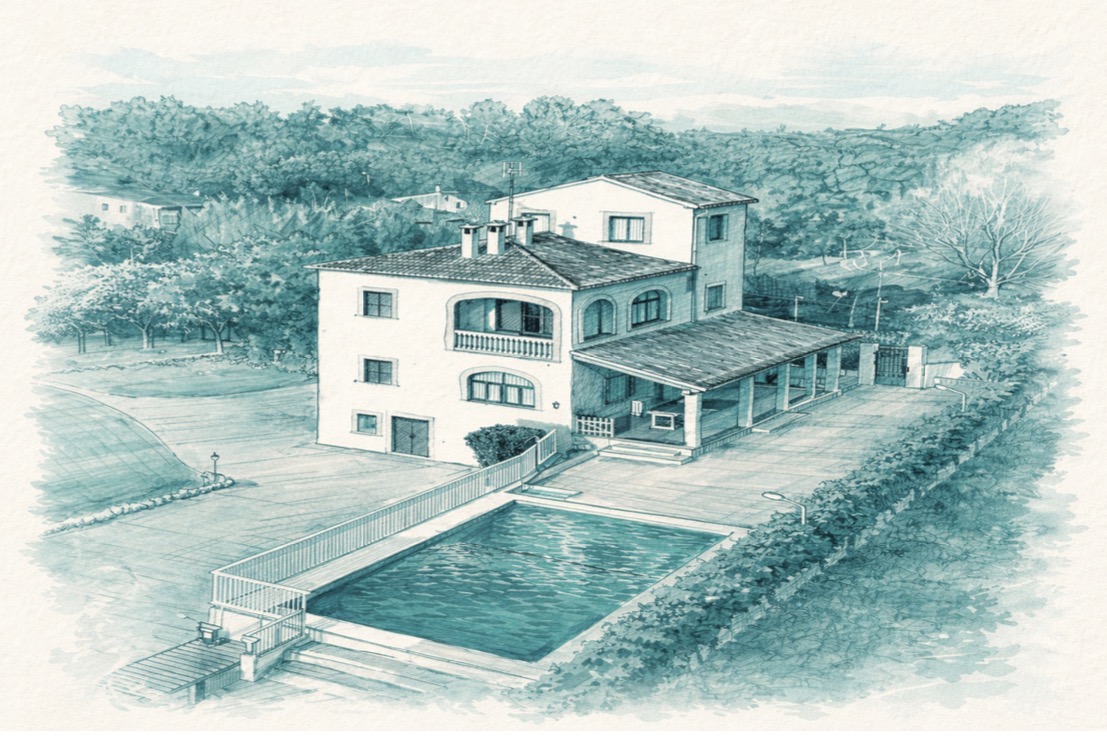 Aerial illustration of the Suspiros villa in Mallorca, with pool and gardens